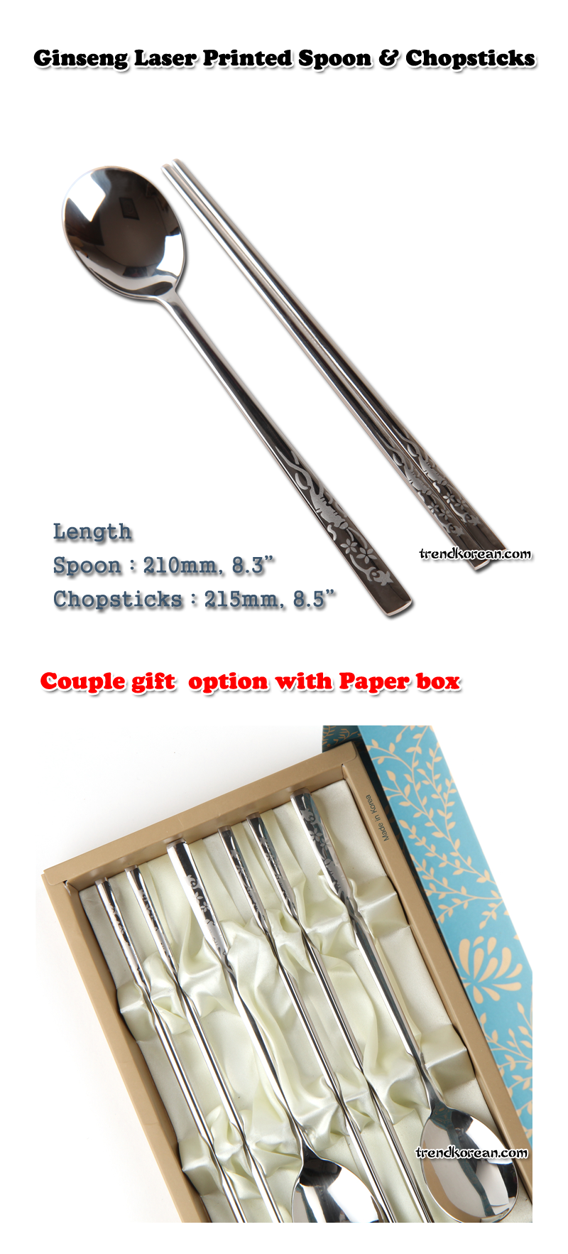  Ginseng Laser Engraved High Quality Stainless Steel Chopsticks & Spoon Set